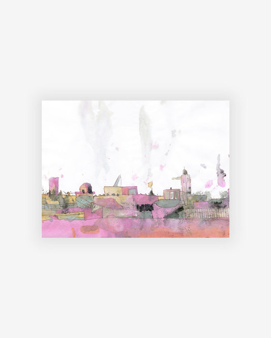 An artist's original Pink City Print of a city skyline