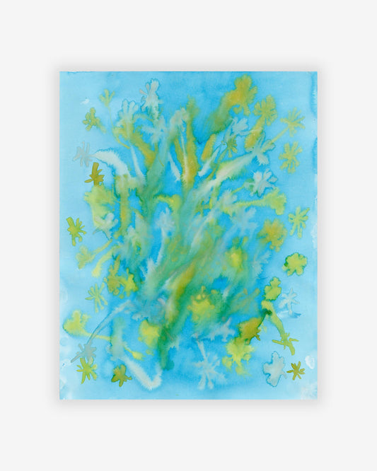 A watercolor painting of flowers and leaves by [Sage Brush Print] on a blue background