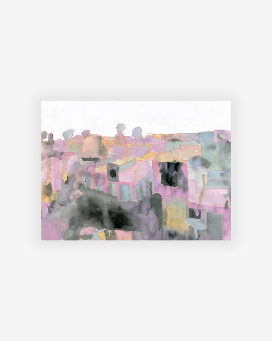 An artist's original abstract painting, The Square Print, with pink, yellow, and black colors