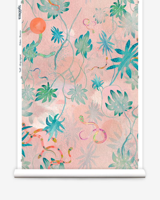 A pink and blue Edera Paperweave Stucco wallpaper with tropical plants on it