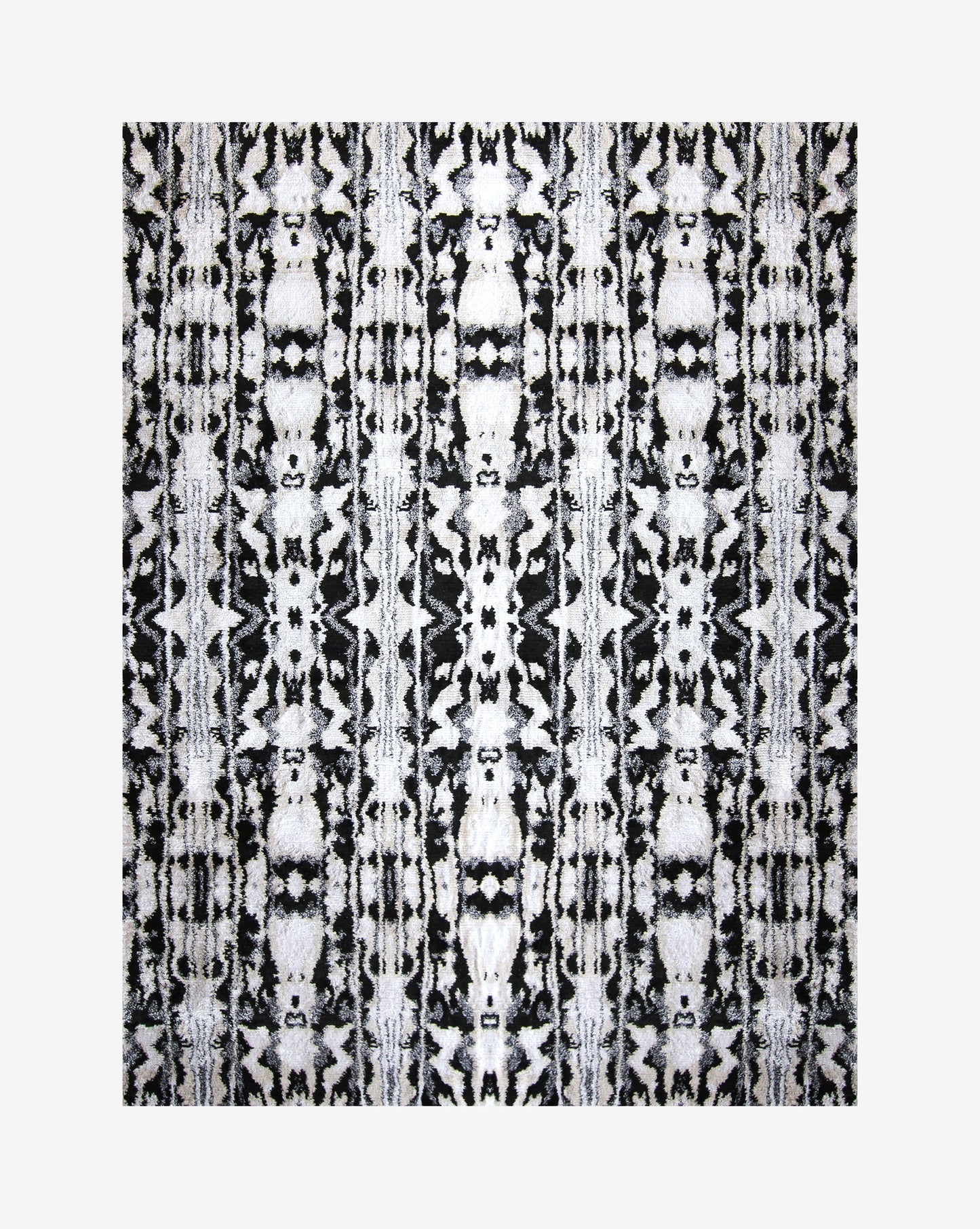 A black and white Biami Hand Knotted Rug  Black pattern on a white background