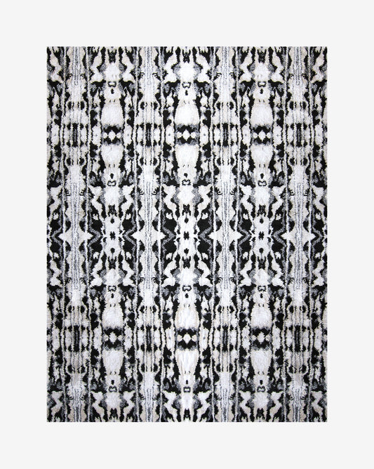 A black and white Biami Hand Knotted Rug  Black pattern on a white background