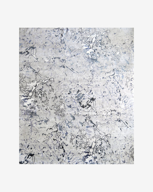 A blue and white abstract Bosky Toile Hand Knotted Rug on a white background
