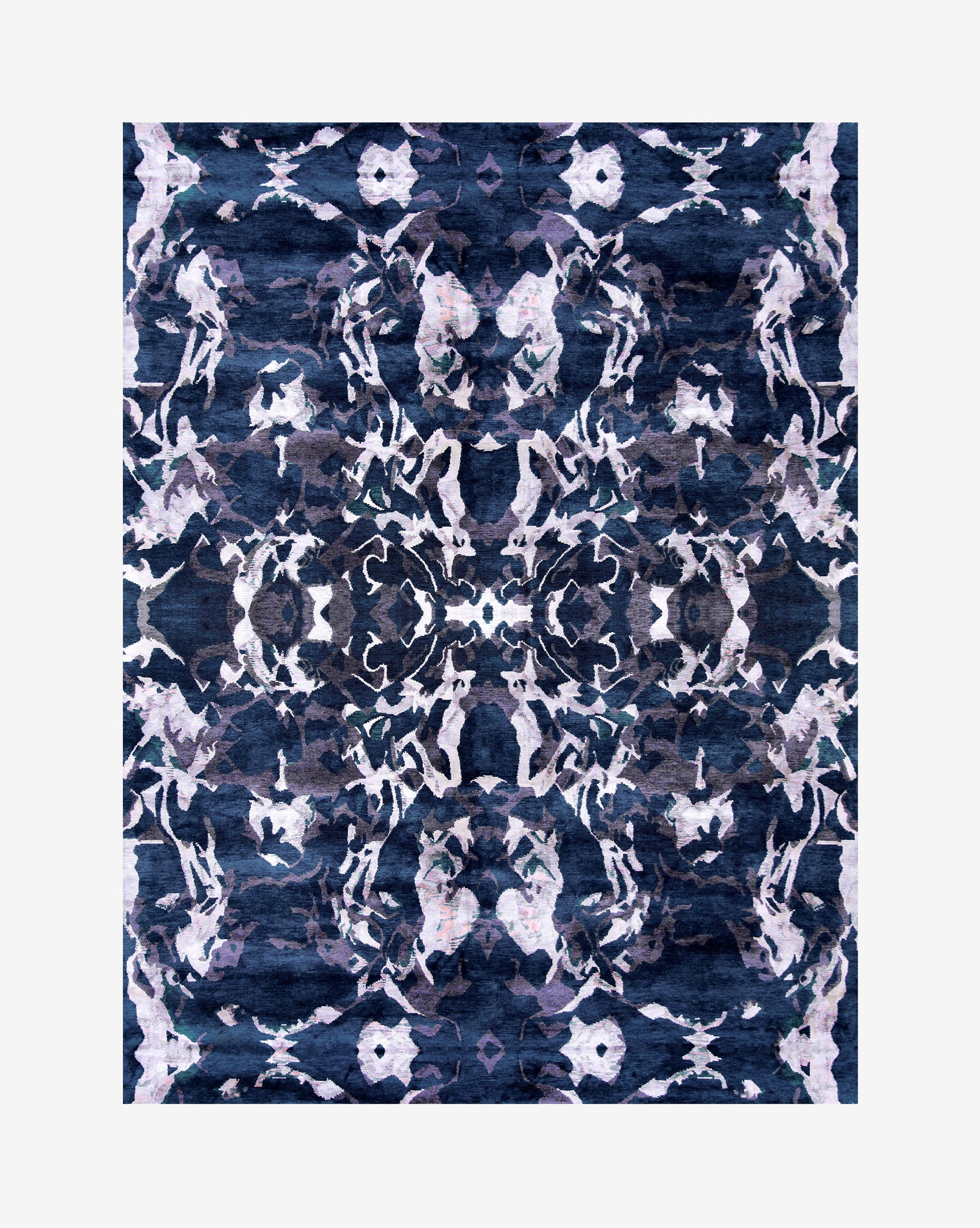 A navy Huerfano Hand Knotted Rug from the Presidio Collection, custom handmade by Eskayel