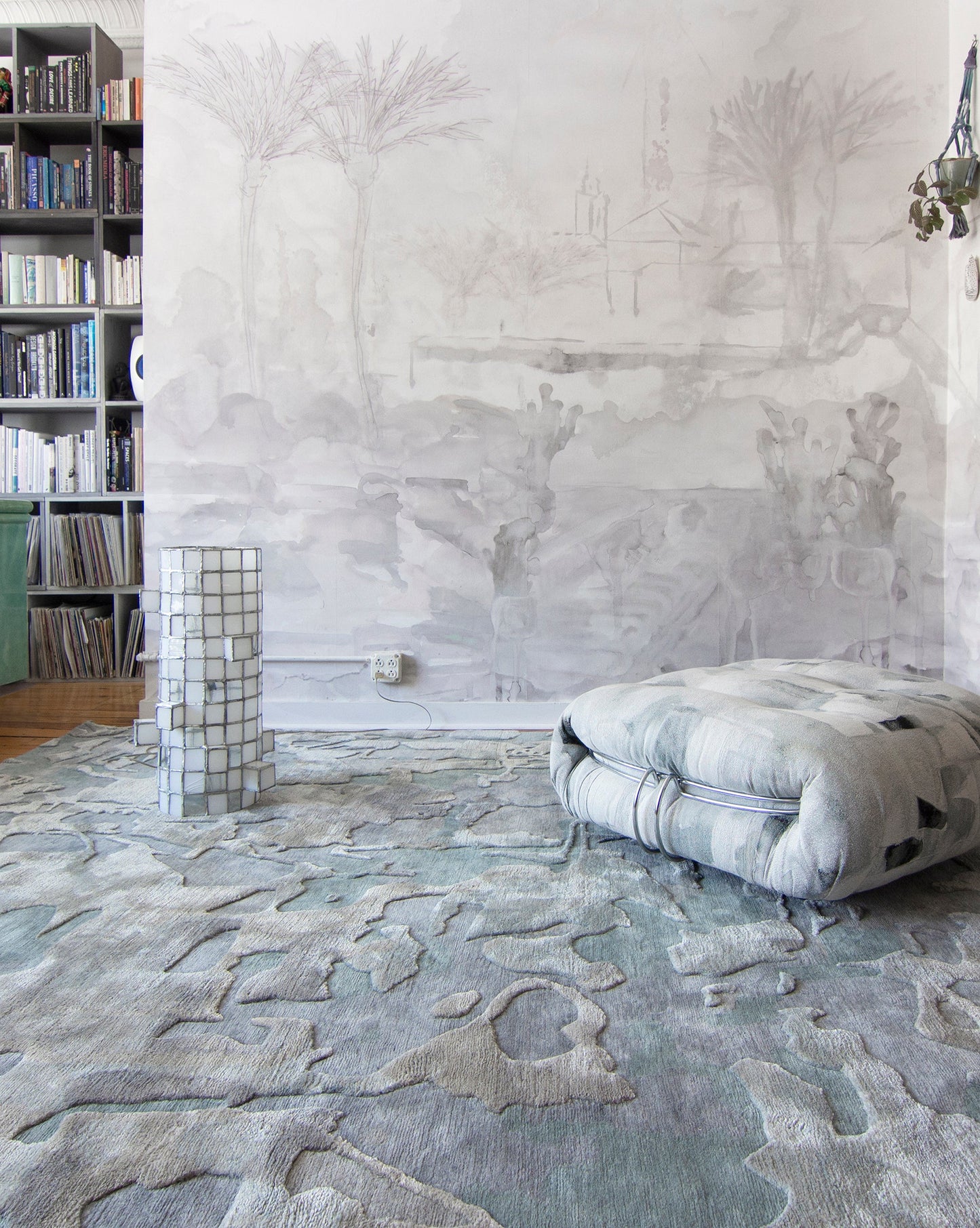 A room with a Kotoubia Hand Knotted Rug and bookshelves