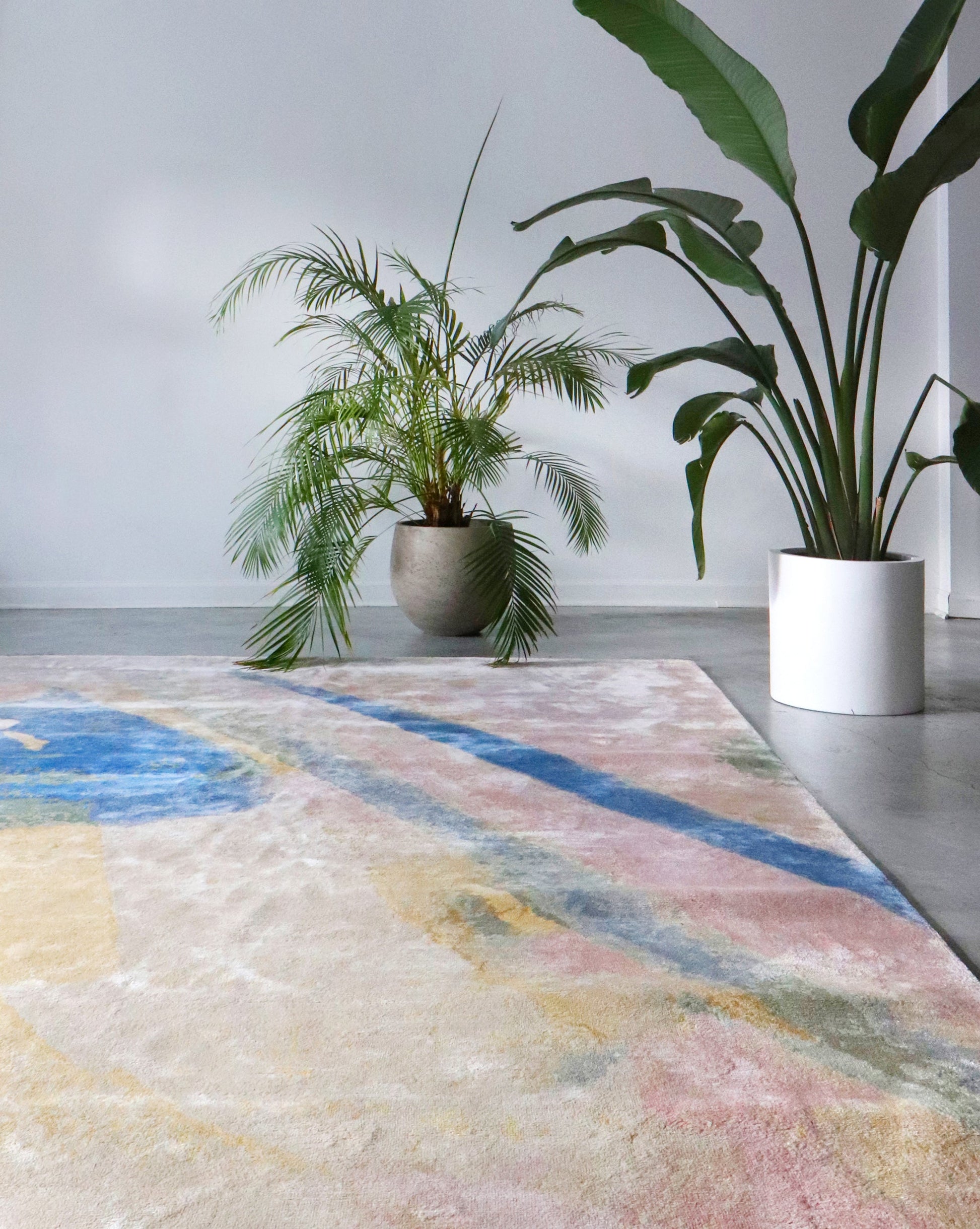 An abstract Lilys View Hand Knotted Rug Dawn in a room with a potted plant