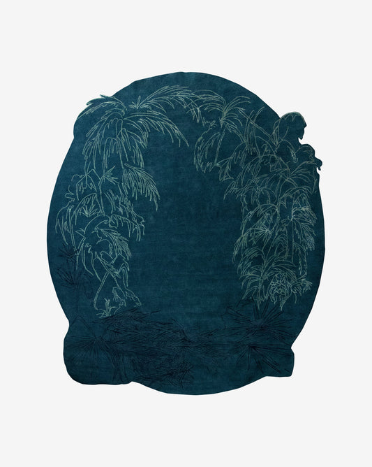 Through The Grove Hand Knotted Rug Azure with a botanical design in the middle