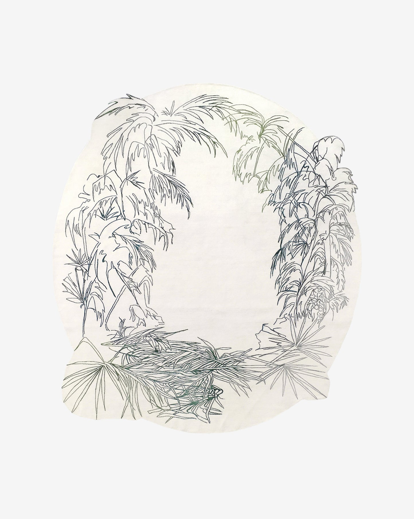 A Through The Grove Hand Knotted Rug Neutral with a modern botanical design featuring a drawing of a palm tree