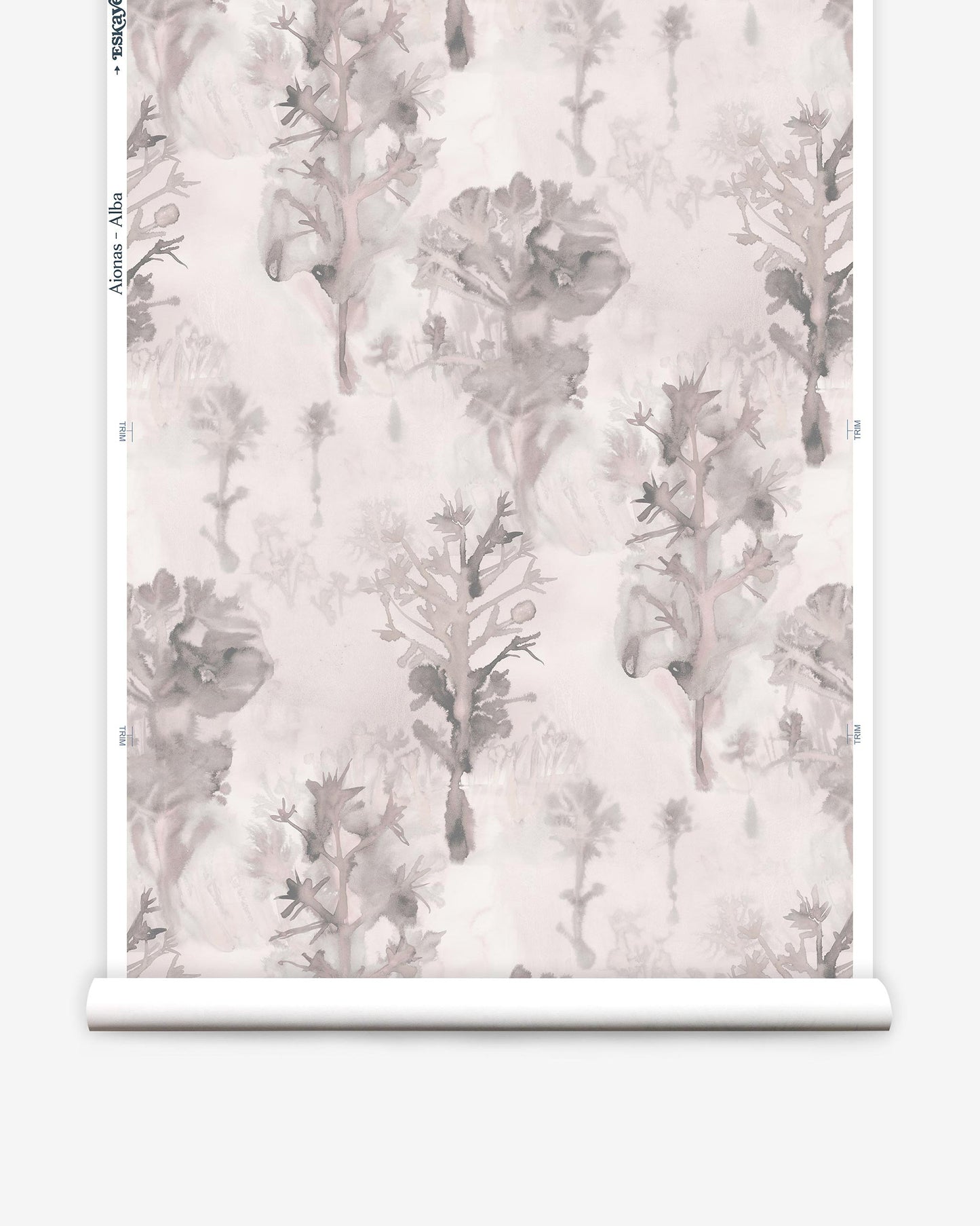 A roll of Aionas Wallpaper with a pink and grey floral pattern