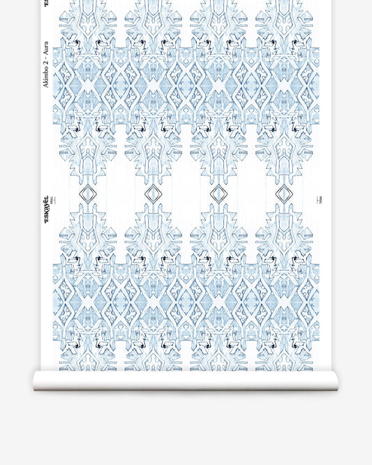 A roll of Akimbo 2 Wallpaper with a blue and white graphic geometric pattern