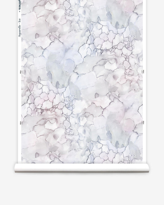 A roll of Aquarelle Wallpaper Ice with a high-end watercolor pattern, creating a luxurious ambiance
