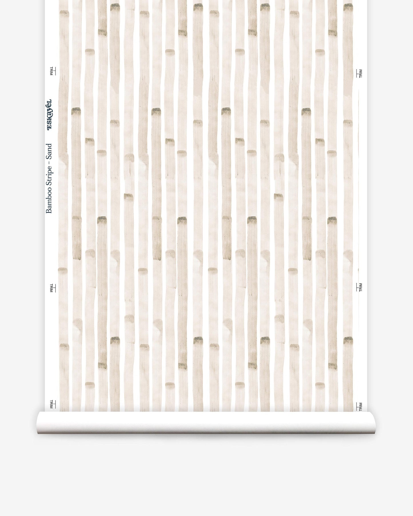 A roll of high-end Bamboo Stripe Wallpaper Sand from the Eskayel range featuring a beige and white pattern