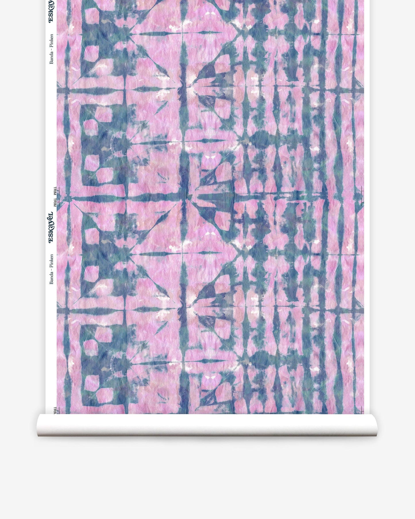 A pink and blue shibori tie-dye pattern on a roll of Banda Wallpaper Pinken