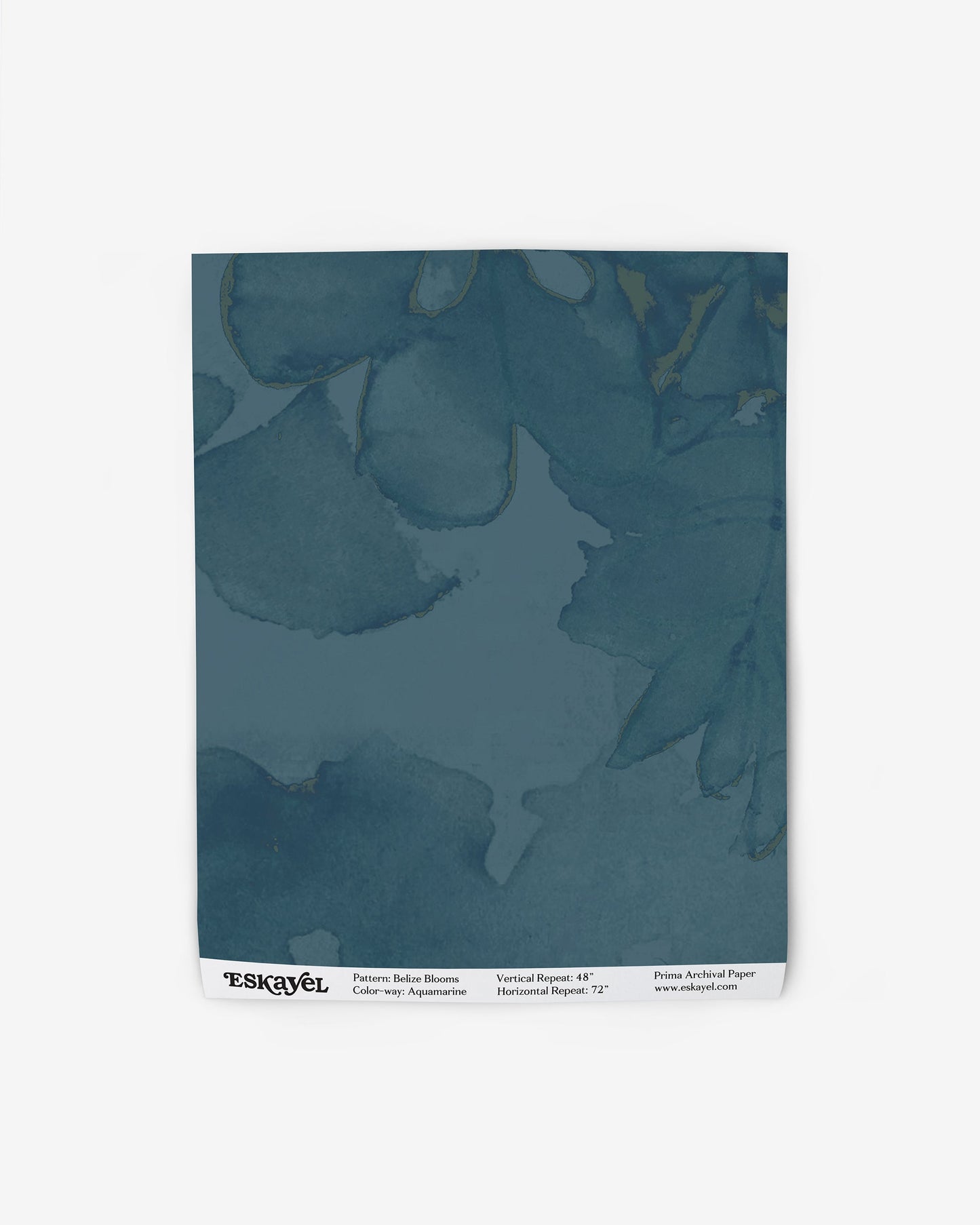 Small wallpaper mural swatch area from hand-painted Belize Blooms Aquamarine featuring a classic rich teal tones with a white background with floral outlines | Eskayel