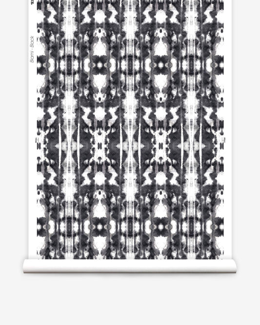 A luxury Biami Wallwallpaper Black with a black and white Biami pattern on a roll of wallpaper
