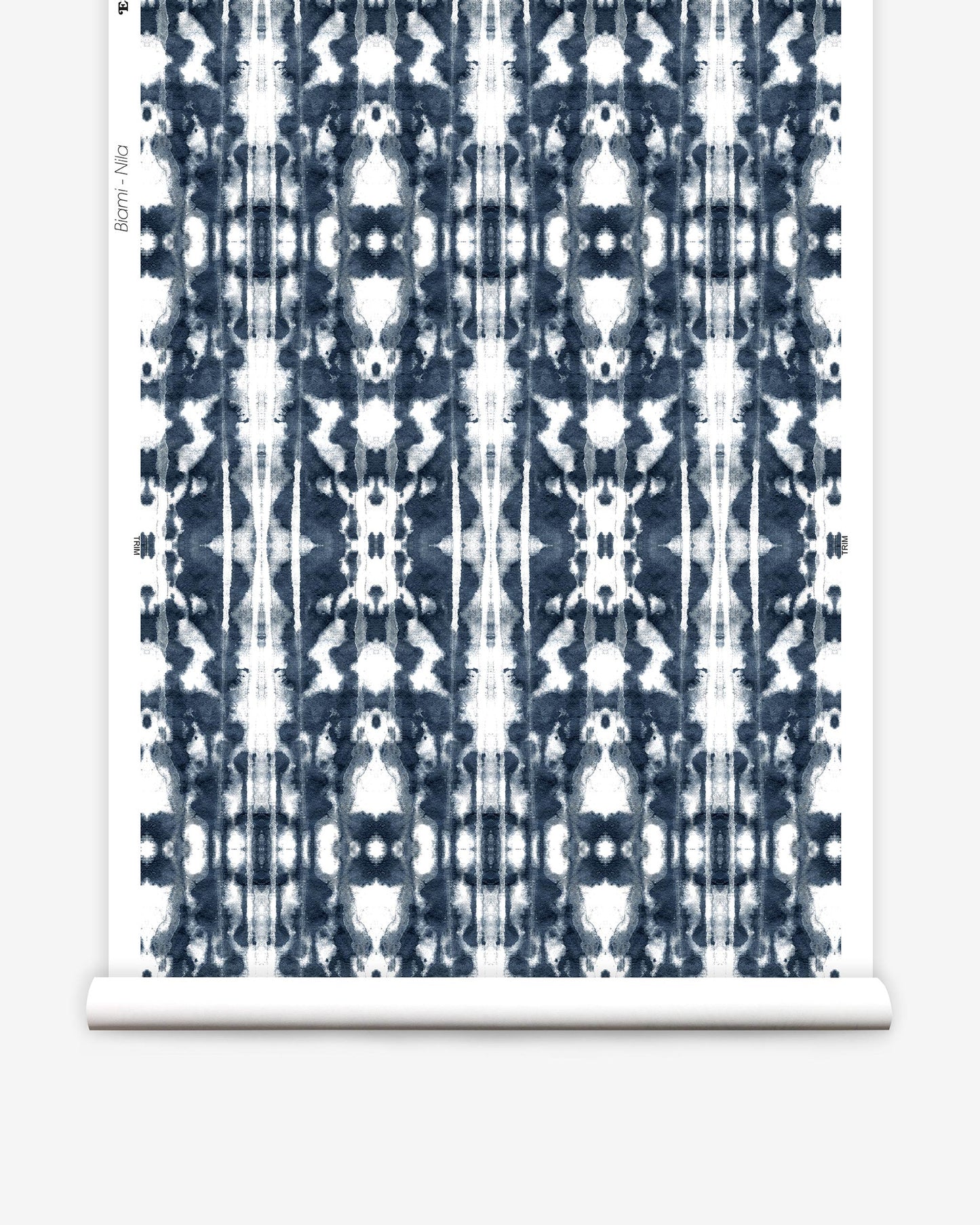 A blue and white tie dye pattern on a roll of Biami Wallpaper Nila