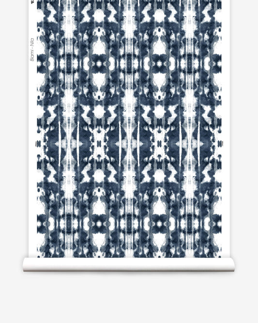 A blue and white tie dye pattern on a roll of Biami Wallpaper Nila