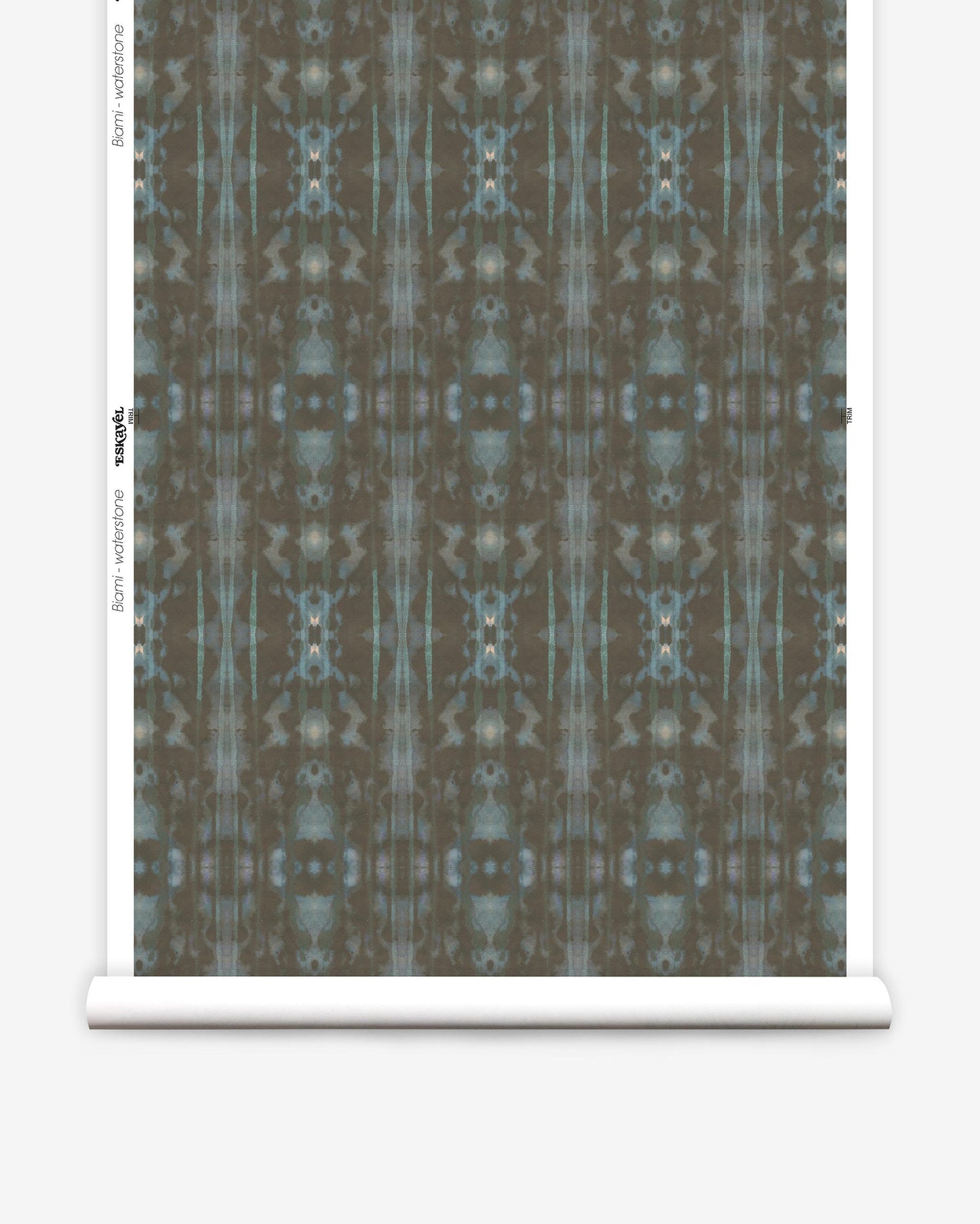 A roll of Biami Wallpaper Waterstone with a blue and grey pattern on it