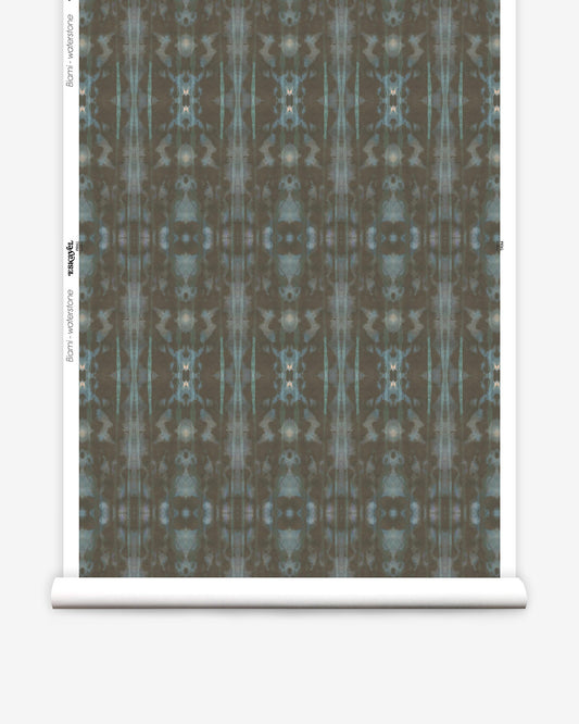 A roll of Biami Wallpaper Waterstone with a blue and grey pattern on it