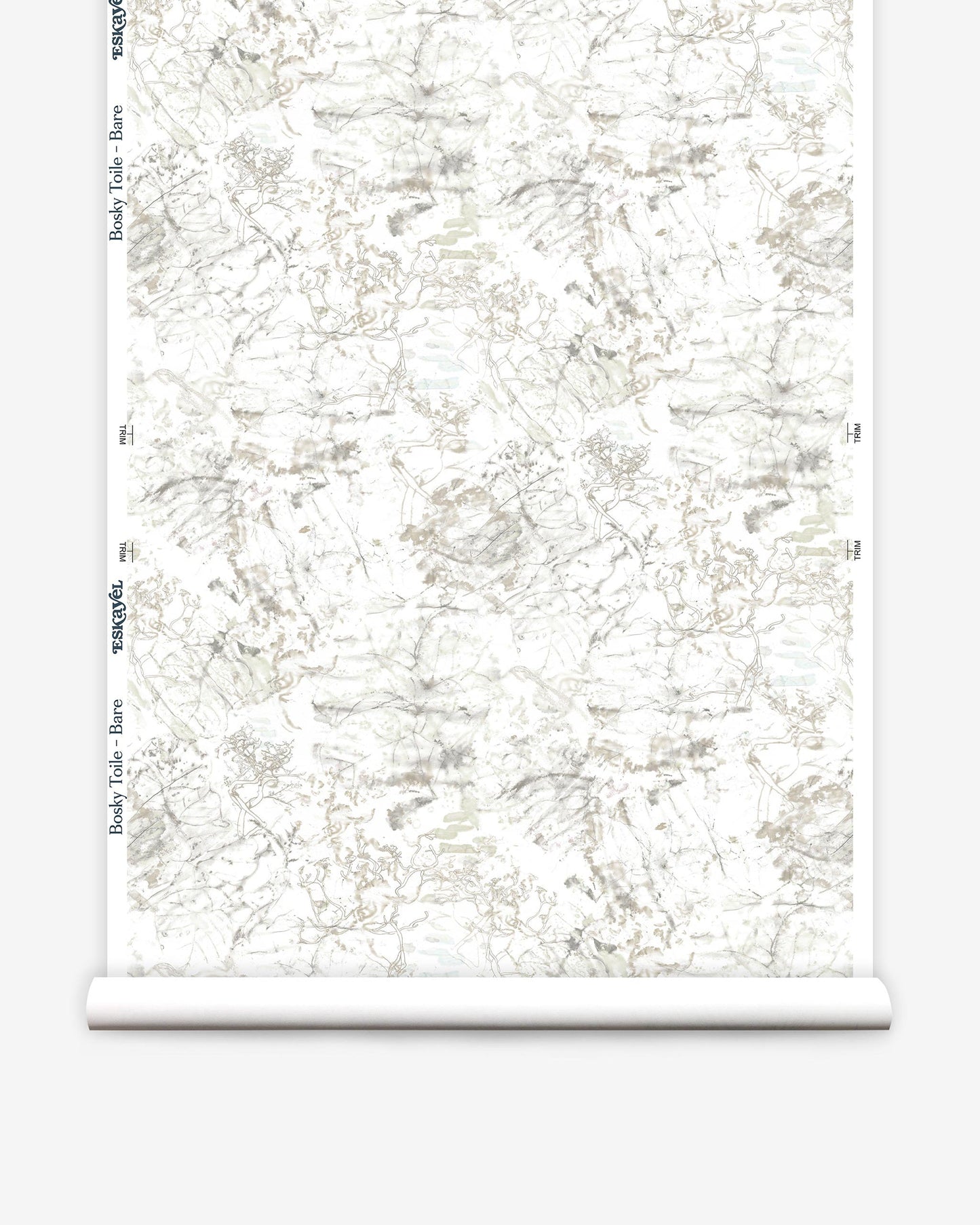 A roll of Bosky Toile Wallpaper Bare featuring a watercolor-inspired white and beige pattern