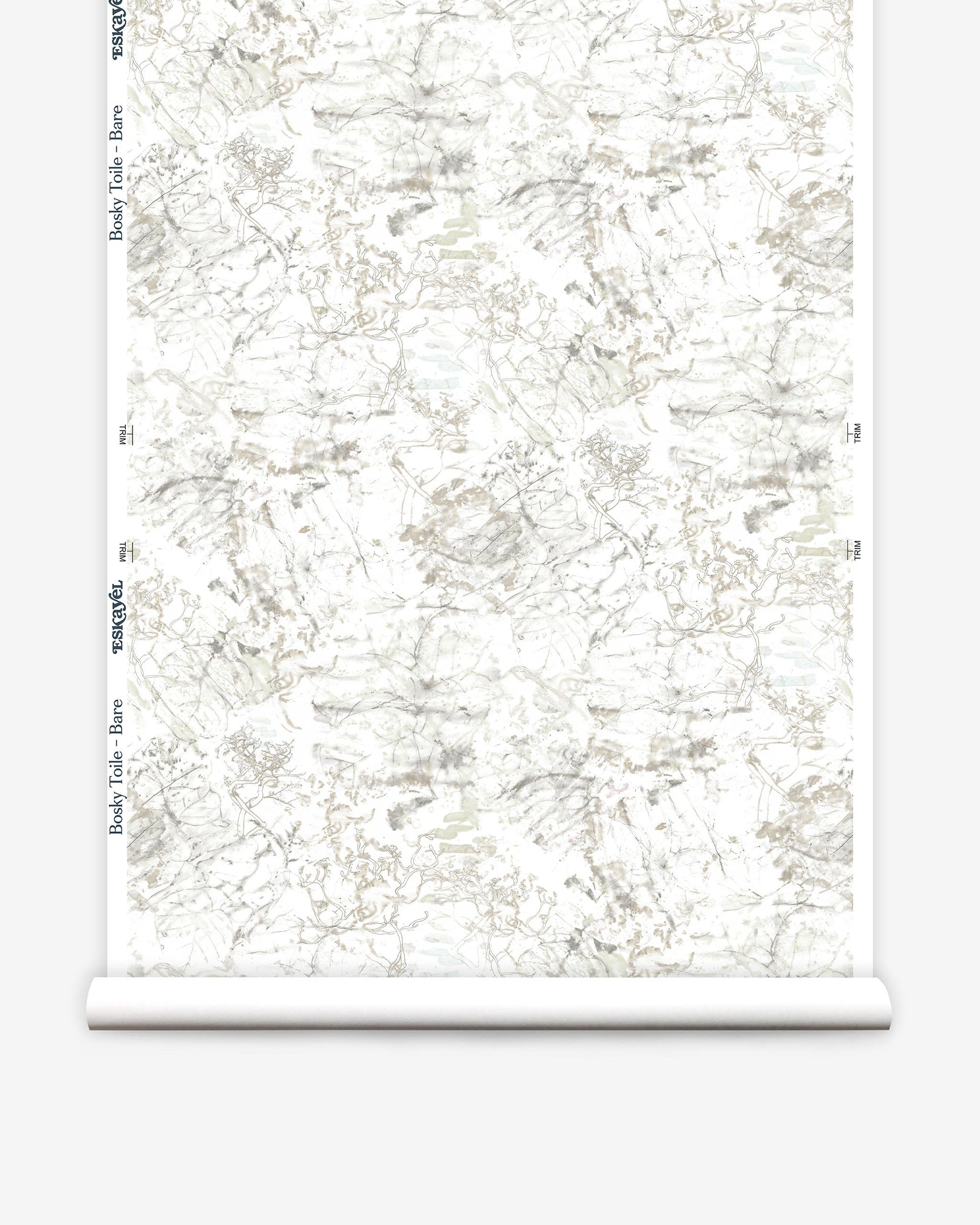 A roll of Bosky Toile Wallpaper Bare featuring a watercolor-inspired white and beige pattern