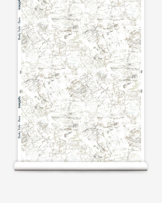 A roll of Bosky Toile Wallpaper Bare featuring a watercolor-inspired white and beige pattern