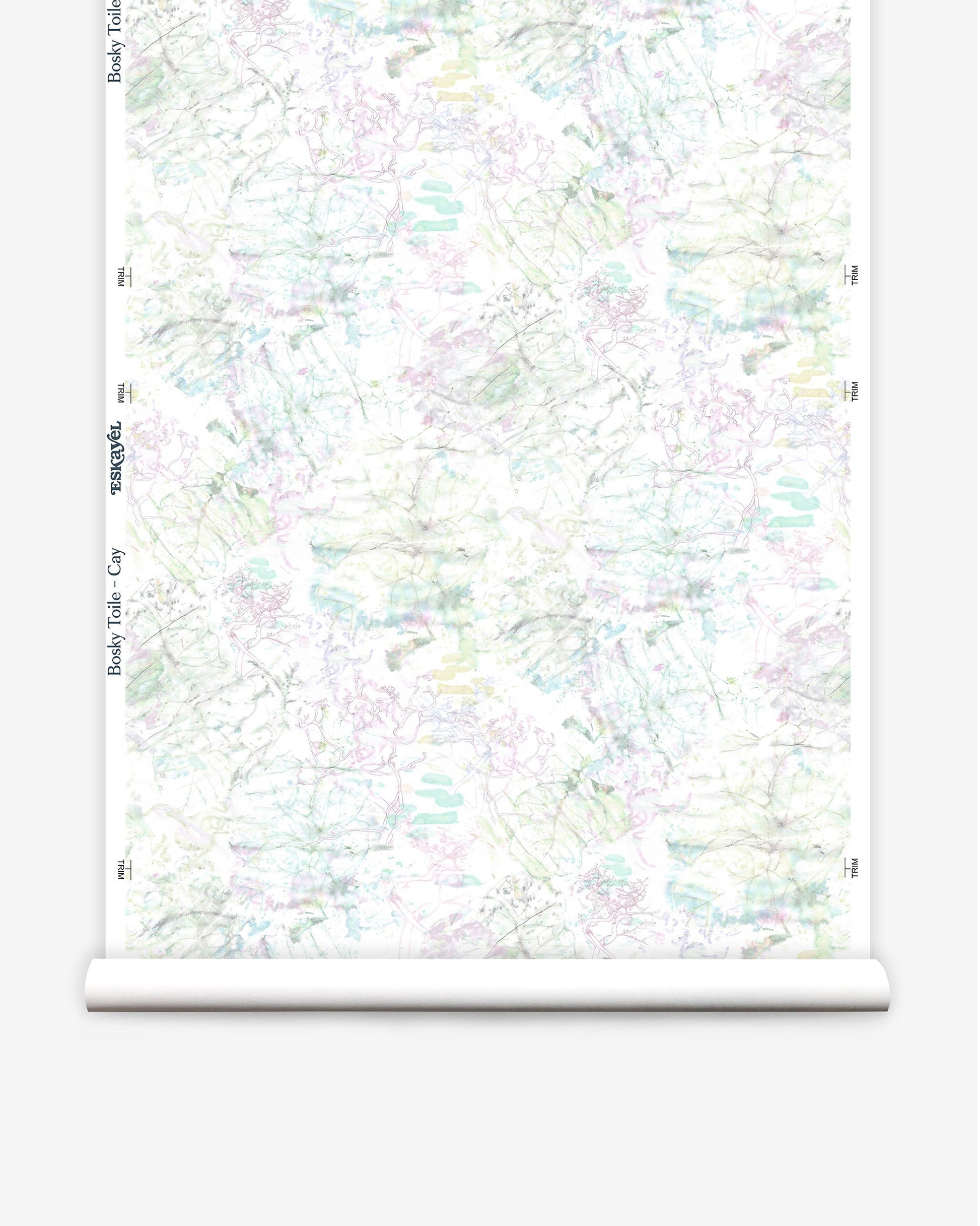 A roll of Bosky Toile Wallpaper with a watercolor pattern on it