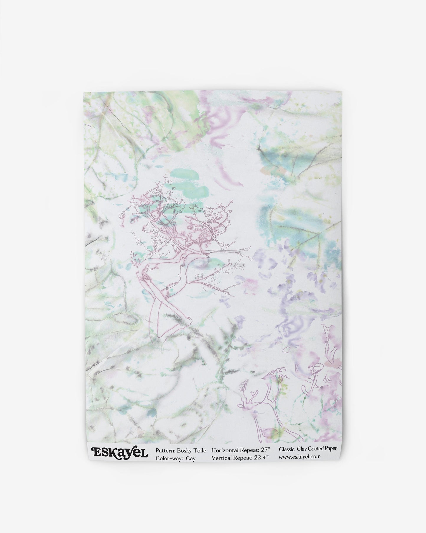 A Bosky Toile Wallpaper Sample Cay of a white wallpaper with a pink, green, and blue pattern on it