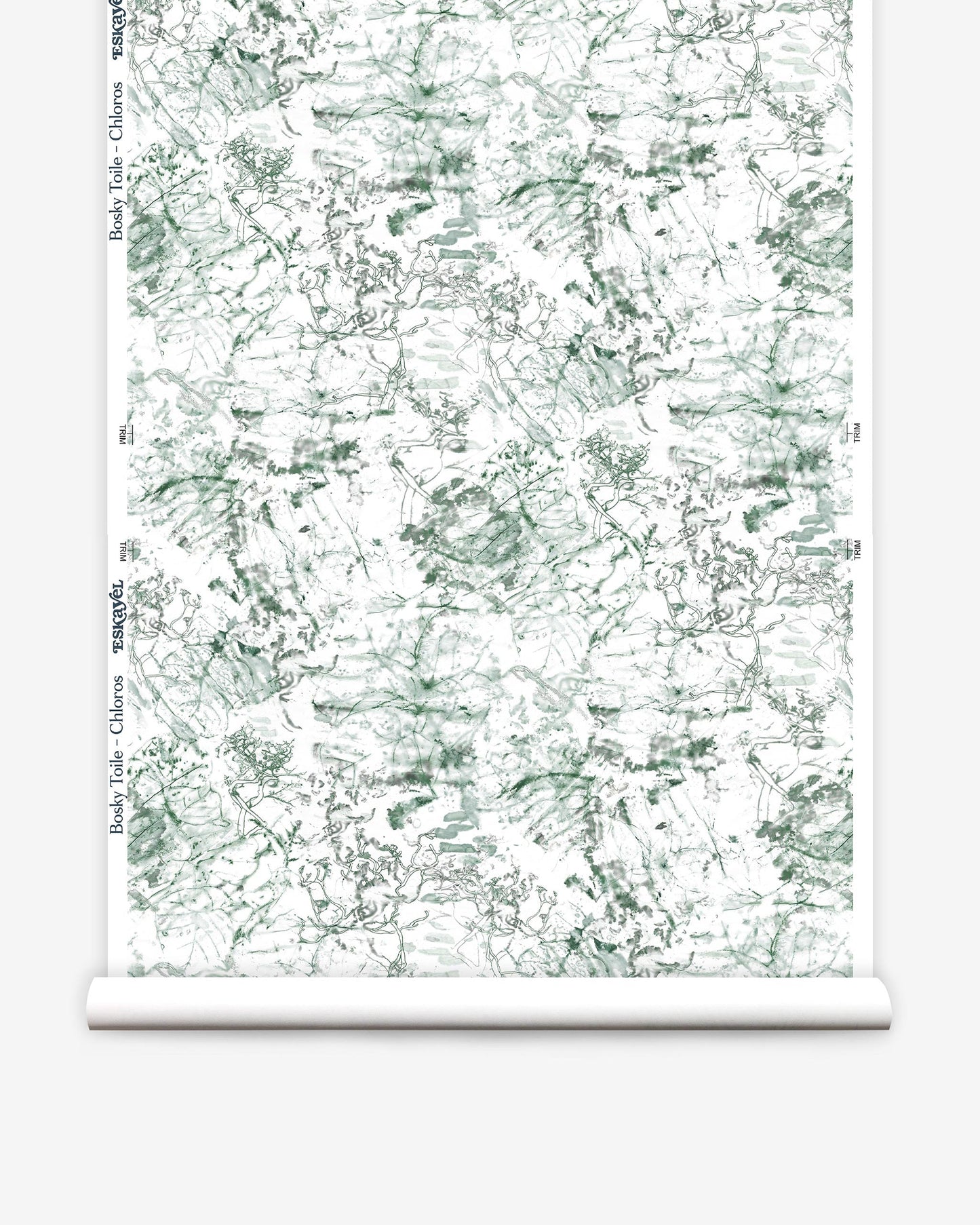 A high-end wallpaper, Bosky Toile Wallpaper Chloros, featuring a luxury fabric in green and white on a roll