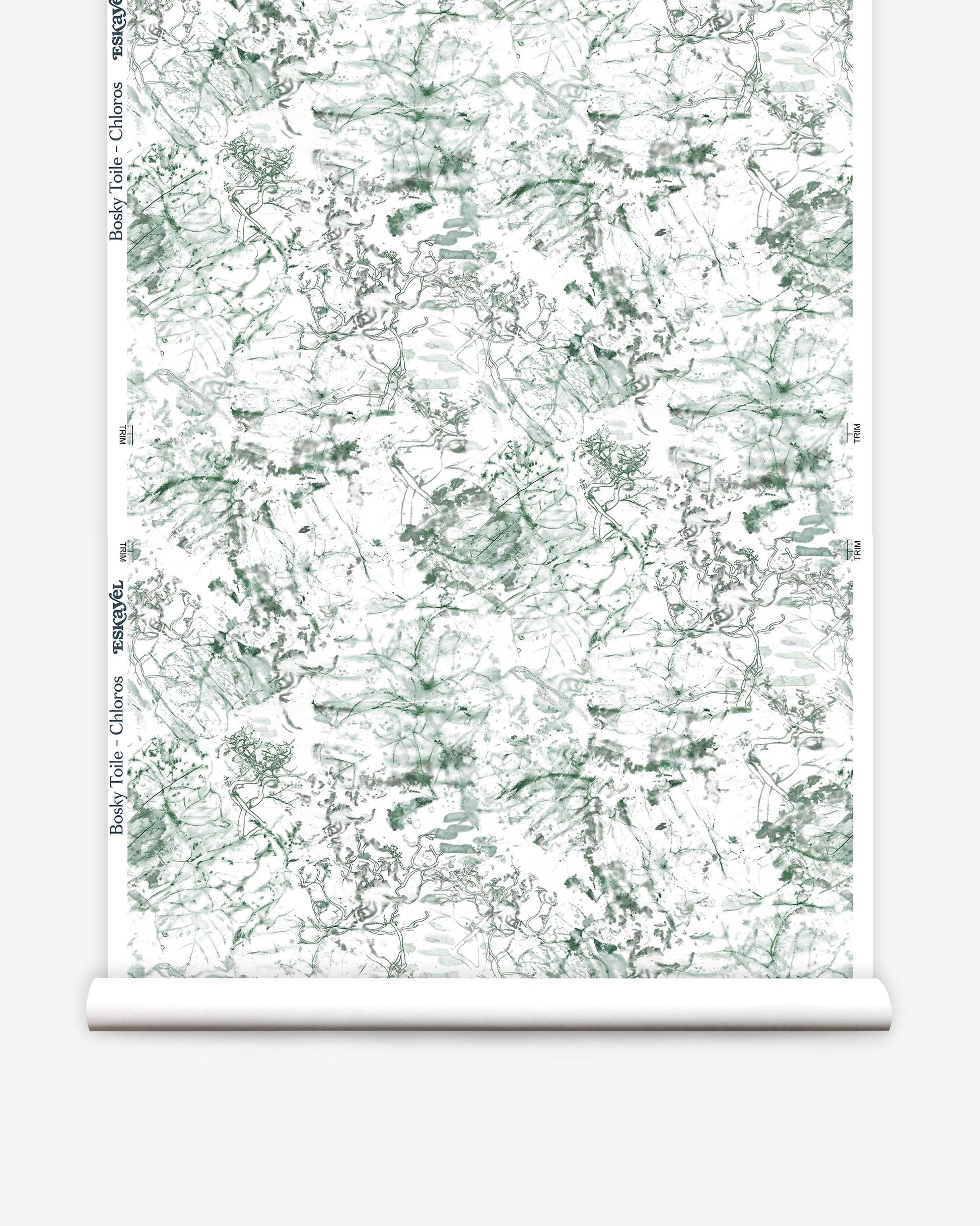 A high-end wallpaper, Bosky Toile Wallpaper Chloros, featuring a luxury fabric in green and white on a roll