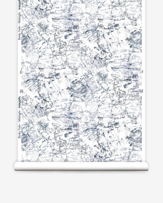 A Bosky Toile Wallpaper Midnight with a blue and white pattern
