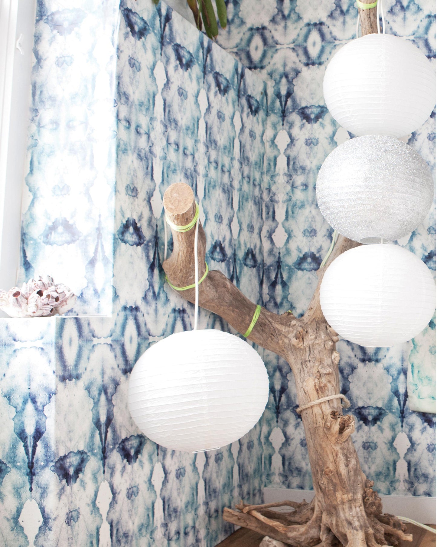 A room with Bungalow Wallpaper Aura hanging from a tree