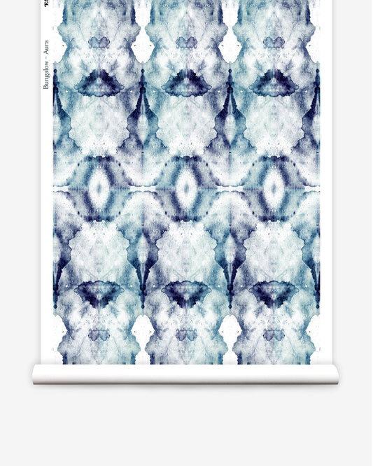 A roll of luxury high-end Bungalow Wallpaper Aura with a blue and white Bungalow pattern