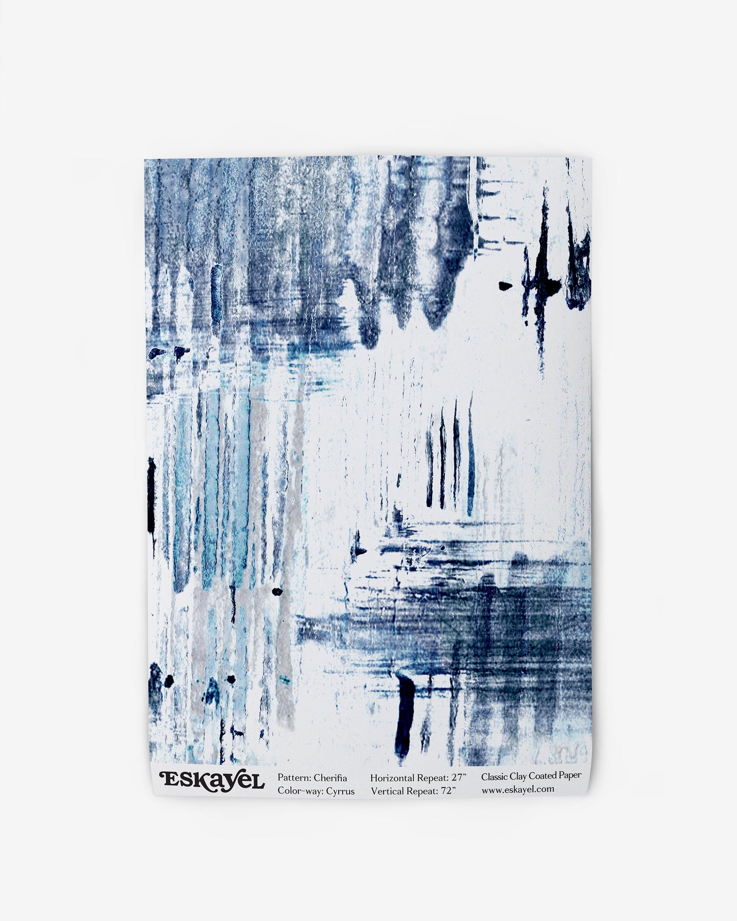 A blue and white Cherifia Wallpaper Sample Cyrrus on a sample background