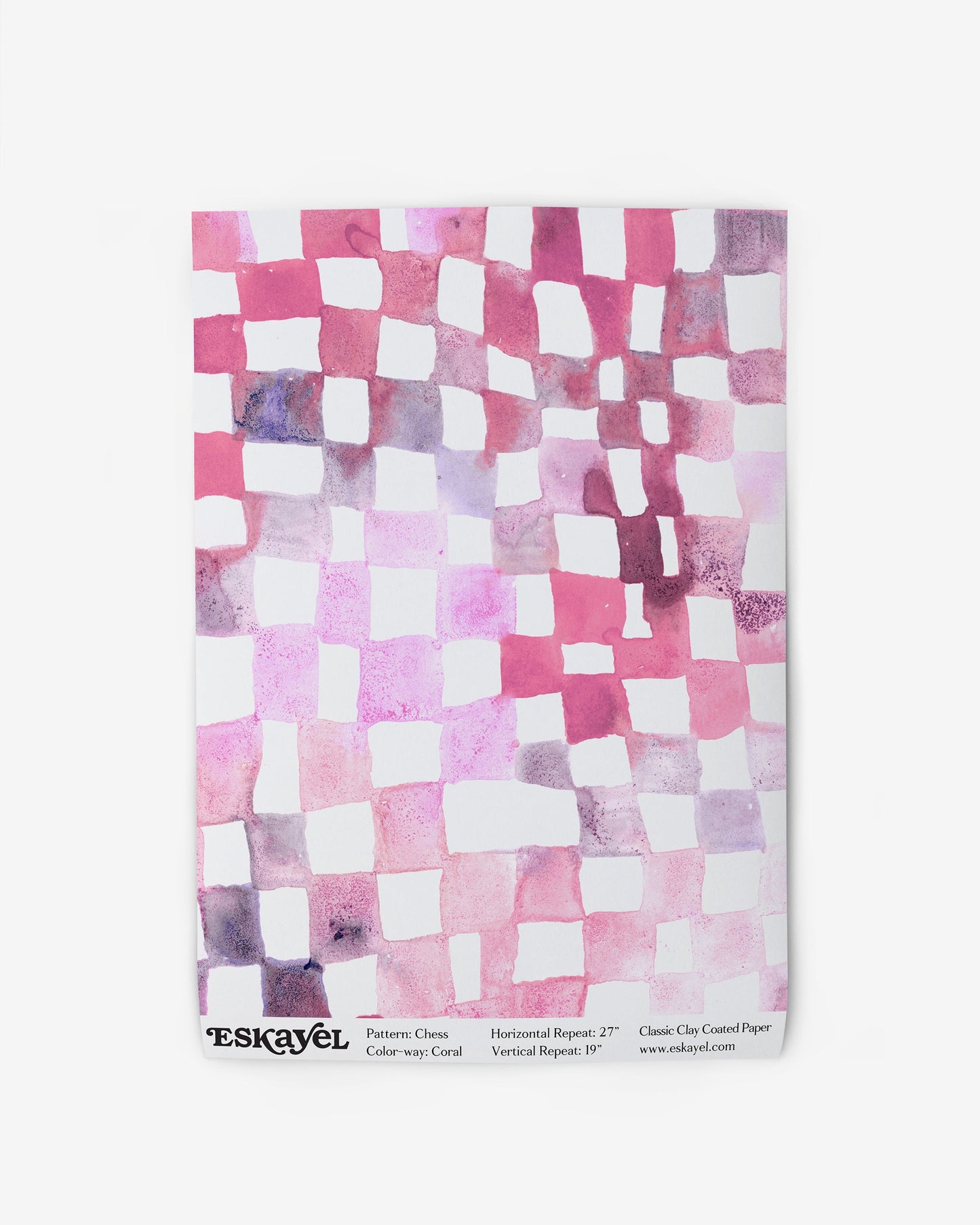 a sample of the Chess Wallpaper Sample Coral pink and purple checkered wallpaper