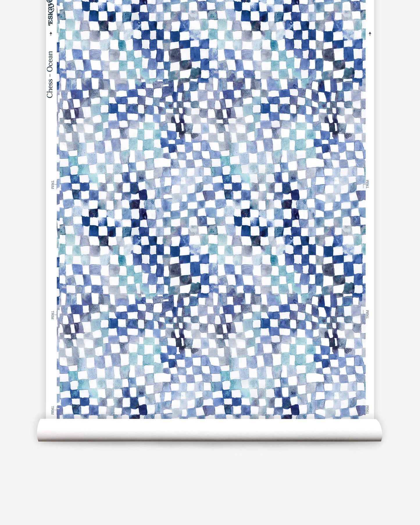 A blue and white checkered pattern on a roll of Chess Wallpaper Ocean colorways