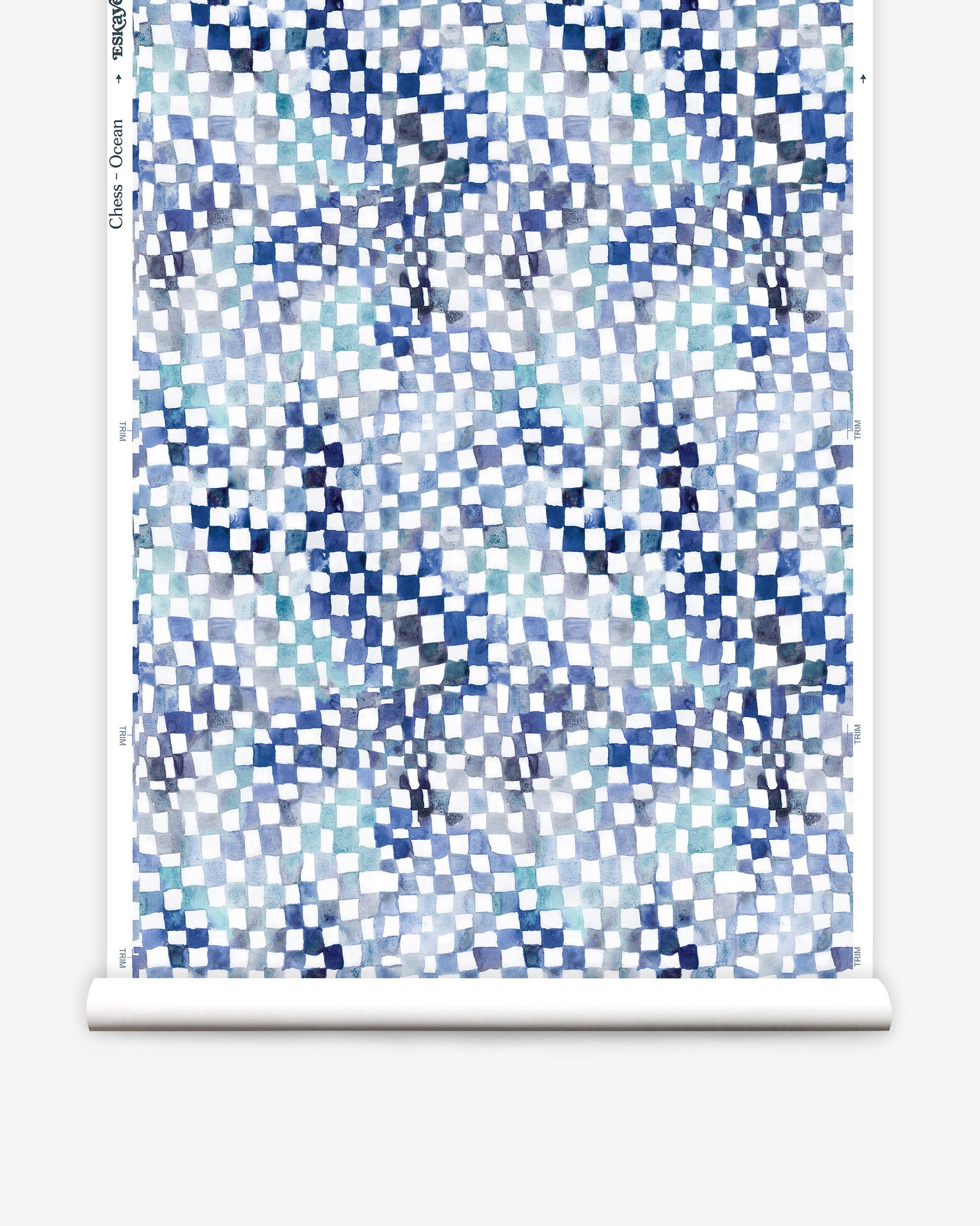 A blue and white checkered pattern on a roll of Chess Wallpaper Ocean colorways