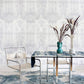 A dining room with a table and chairs in front of Clairmont Wallpaper Ash