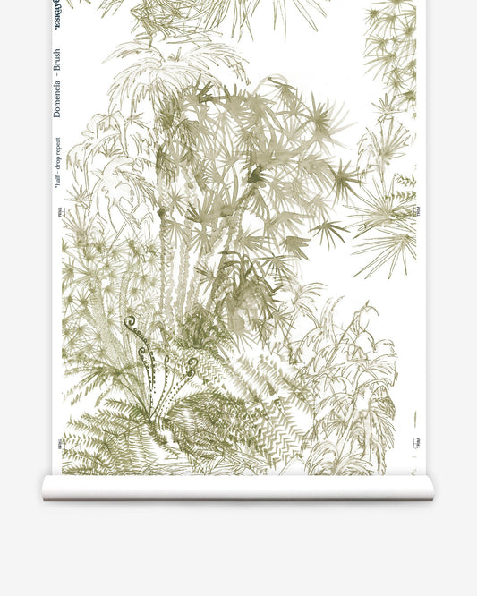 A roll of Domenica Wallpaper with tropical plants from the Salentu Collection