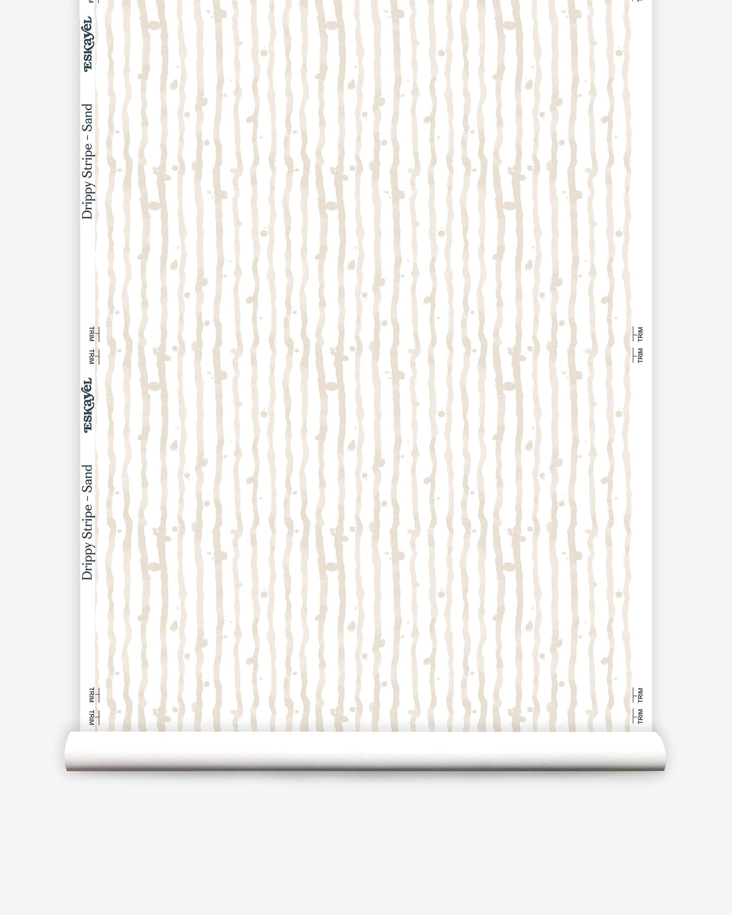 A roll of Drippy Stripe Wallpaper Sand with white and beige tones