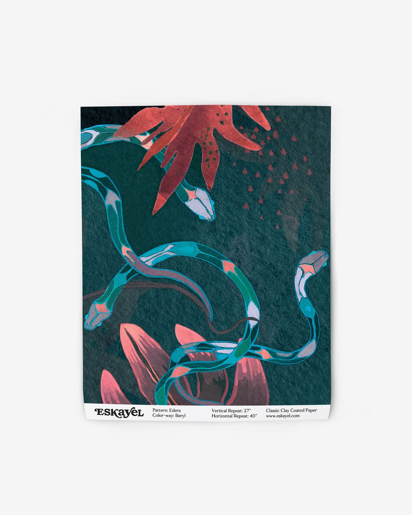 A chinoiserie-inspired Edera Wallpaper Beryl with an image of a snake and a flower in an Ivy-filled backyard