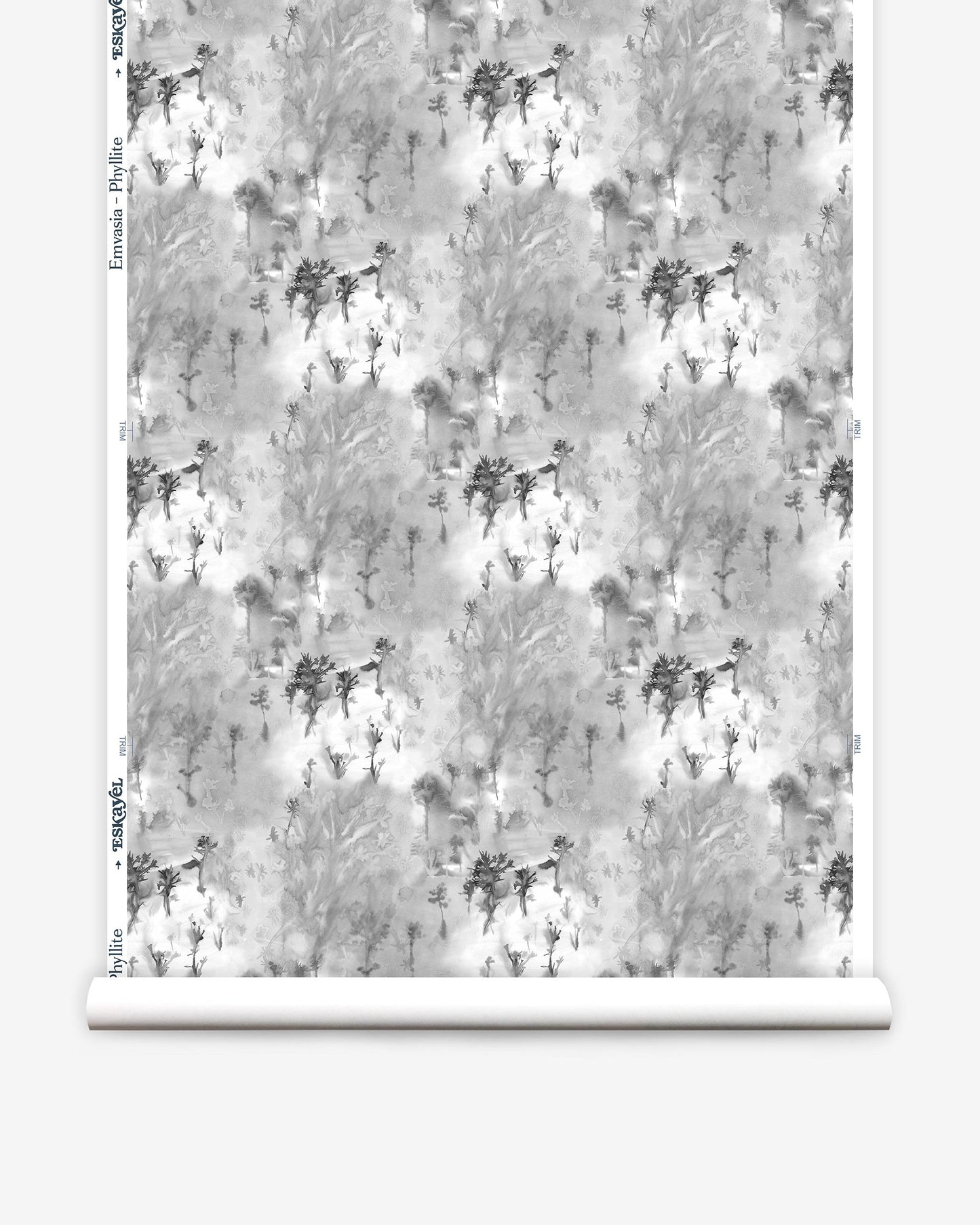 A black and white Emvasia Wallpaper Phyllite with microprint trees on it