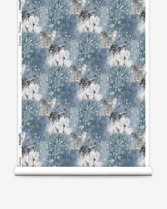 Emvasia Wallpaper Thalassa is a blue and white fabric with birds on it