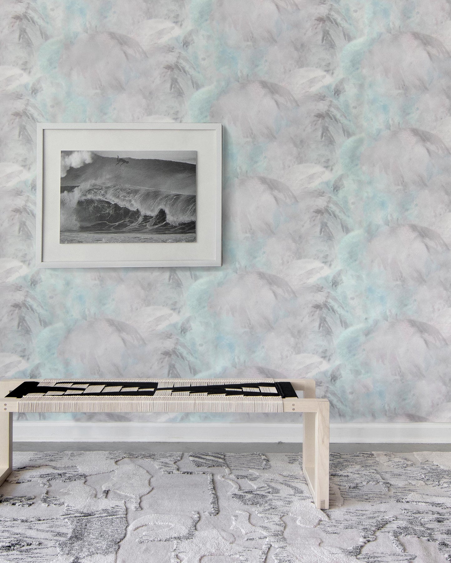 A bench in front of a Palmeti Wallpaper Aqua