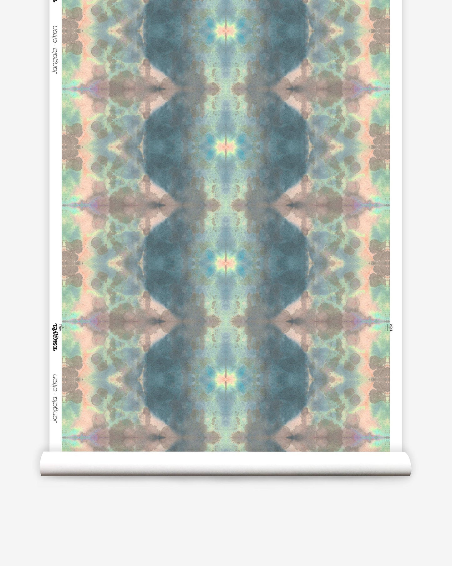 A roll of Jangala Wallpaper Citron with a blue and green fabric pattern on it