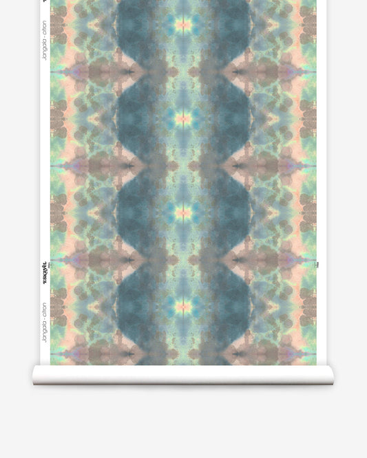 A roll of Jangala Wallpaper Citron with a blue and green fabric pattern on it