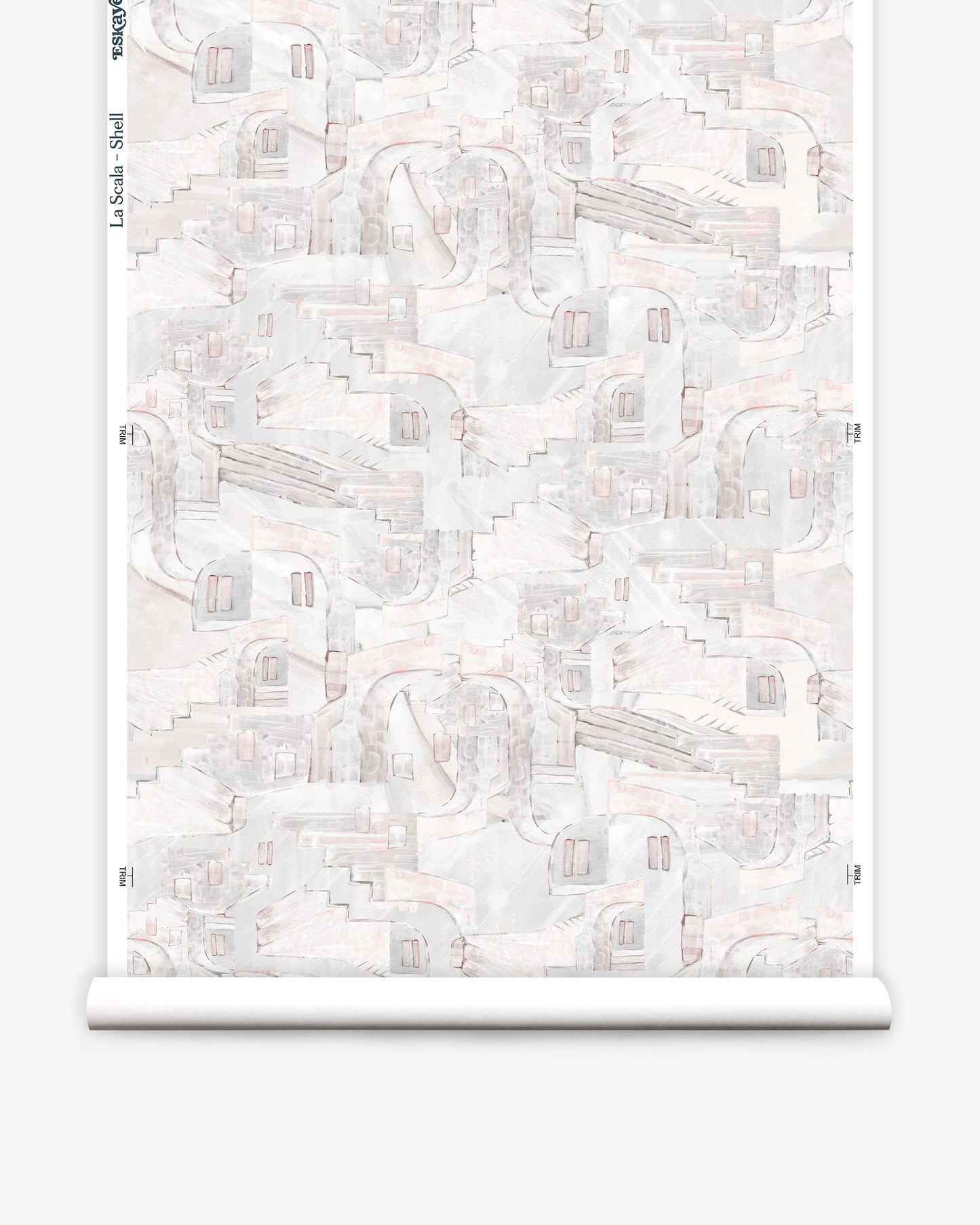 A roll of La Scala Wallpaper Shell with a pink and white pattern