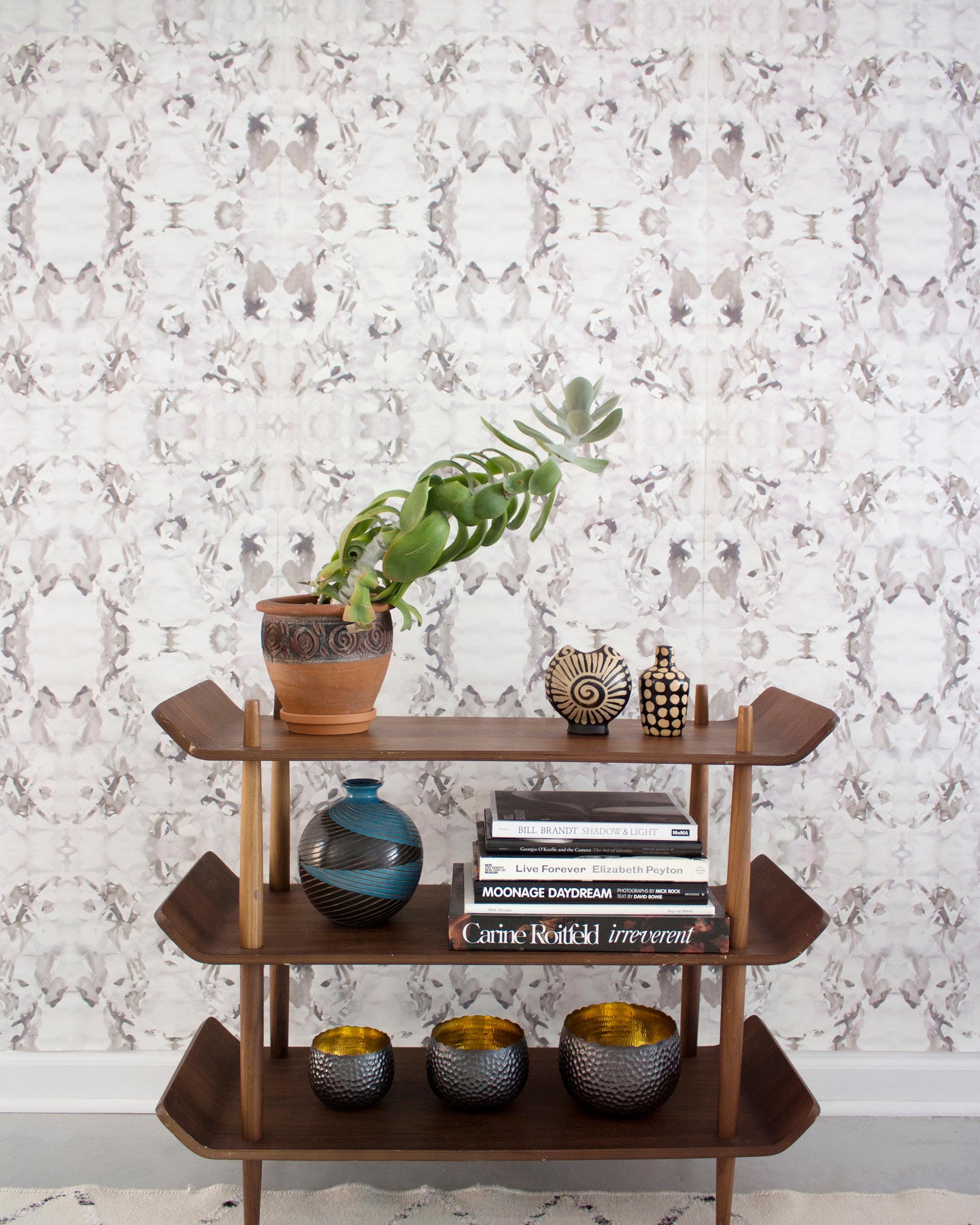 A shelf with a plant on it in front of Huerfano Wallpaper Sol from the Presidio Collection