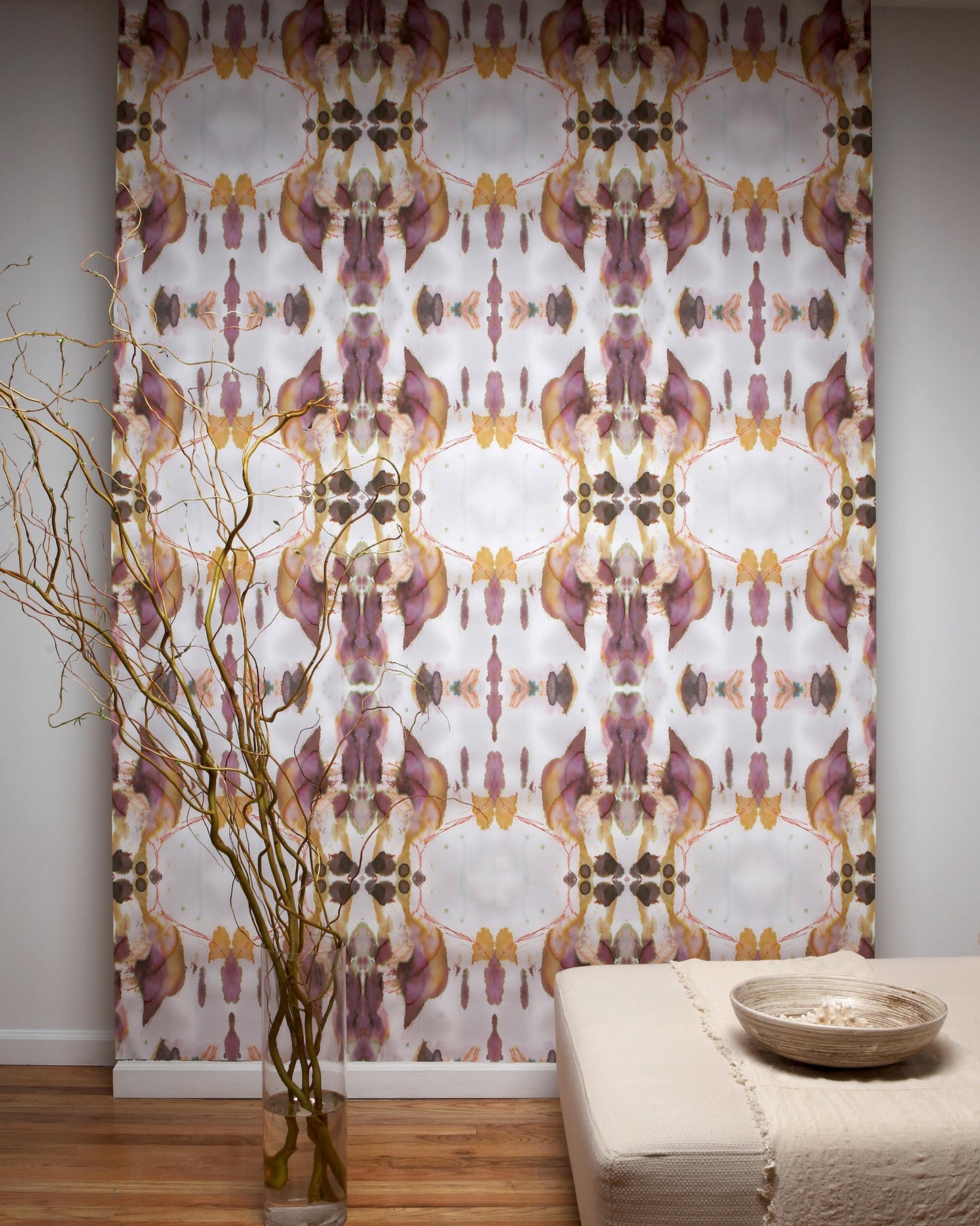 A room with a Madagascar Wallpaper Bay and a bedside table designed with patterns