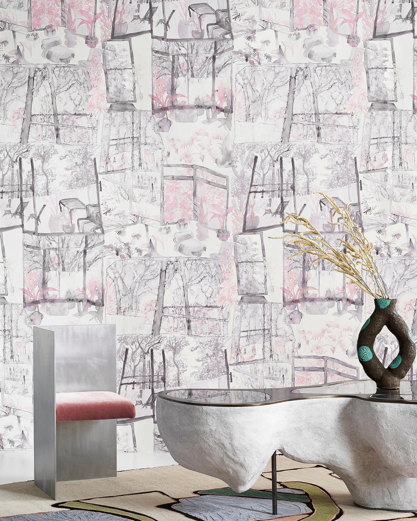 A living room with a Quotidiana Wallpaper Pink Island colorway wallpaper